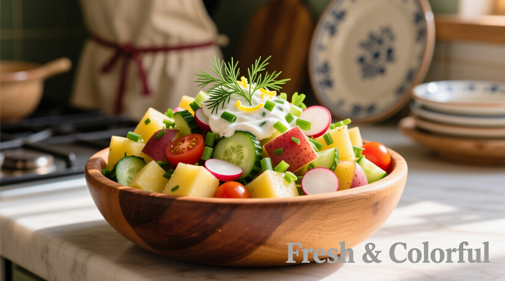 Colorful potato salad with fresh herbs and vegetables