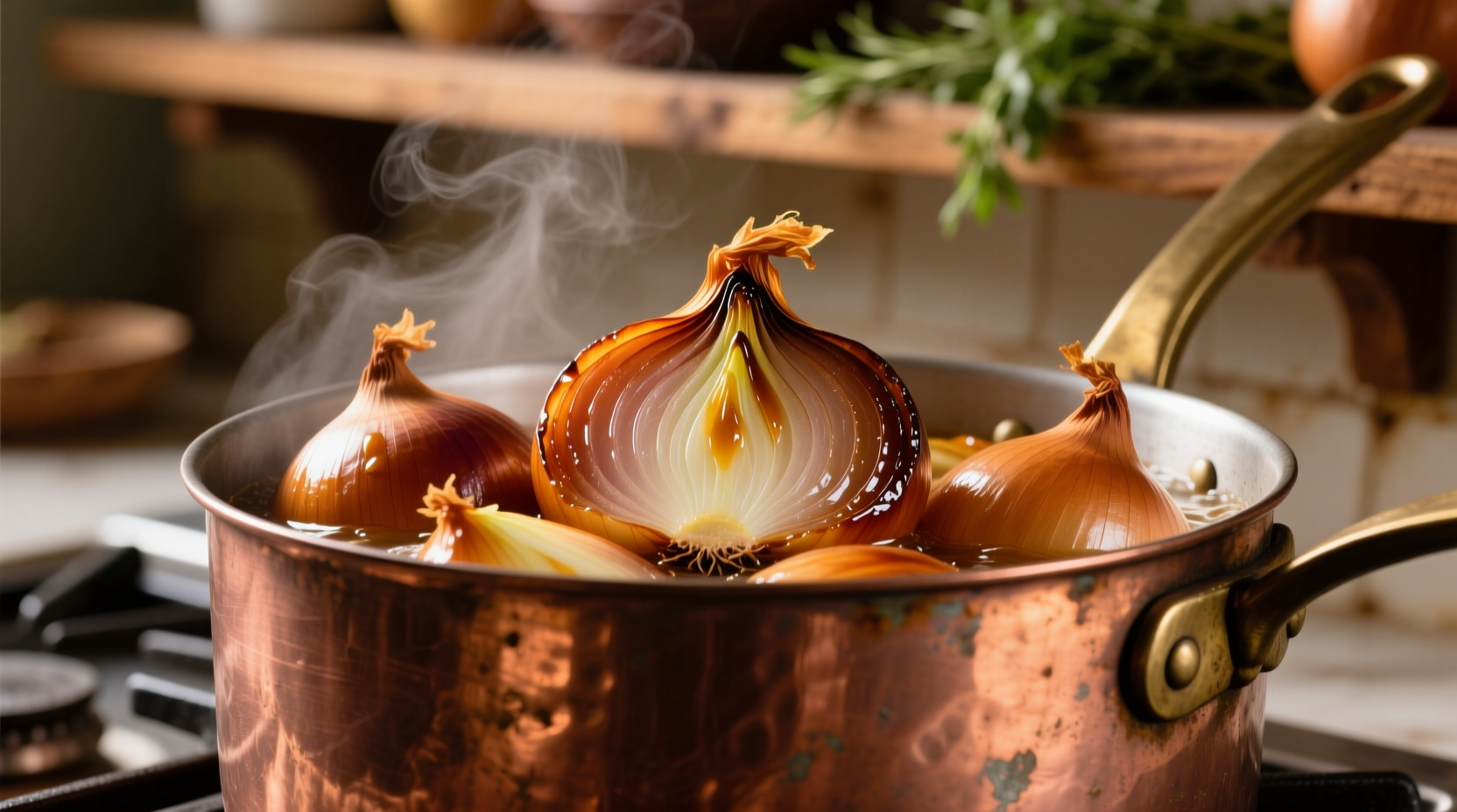 Perfectly caramelized onions in copper pot
