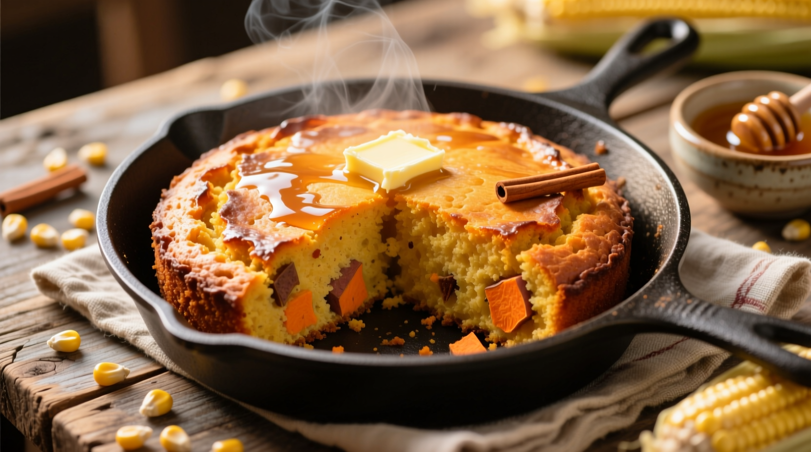 Golden sweet potato cornbread in cast iron skillet