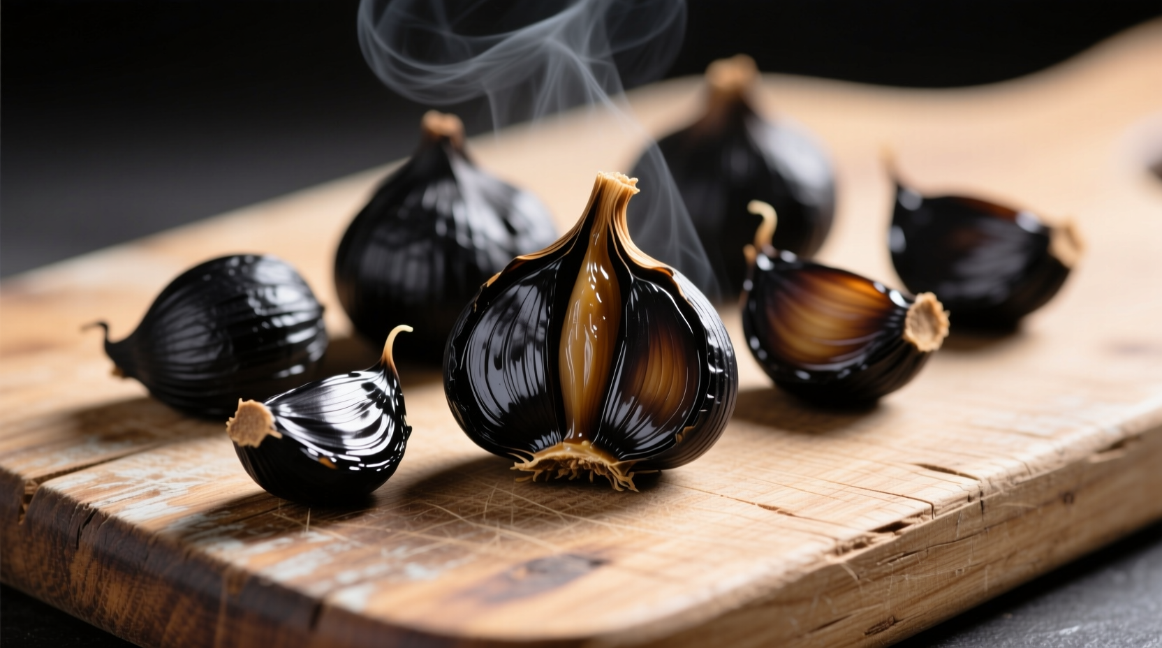 Black fermented garlic cloves on wooden cutting board