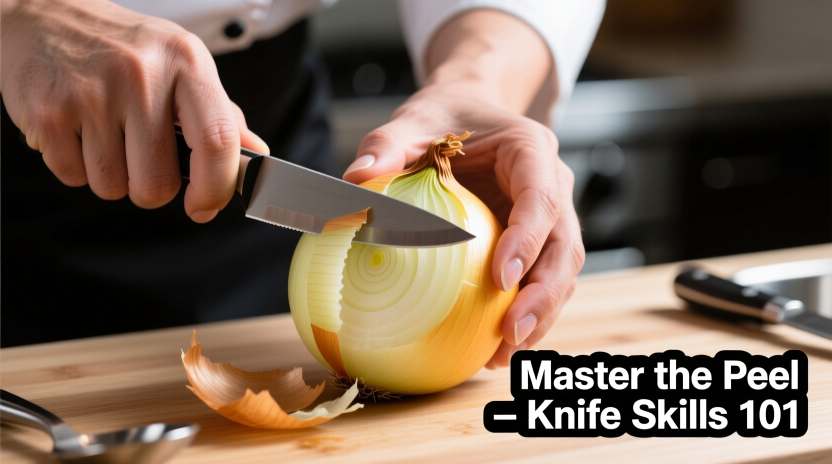 Chef's hands demonstrating proper onion peeling technique