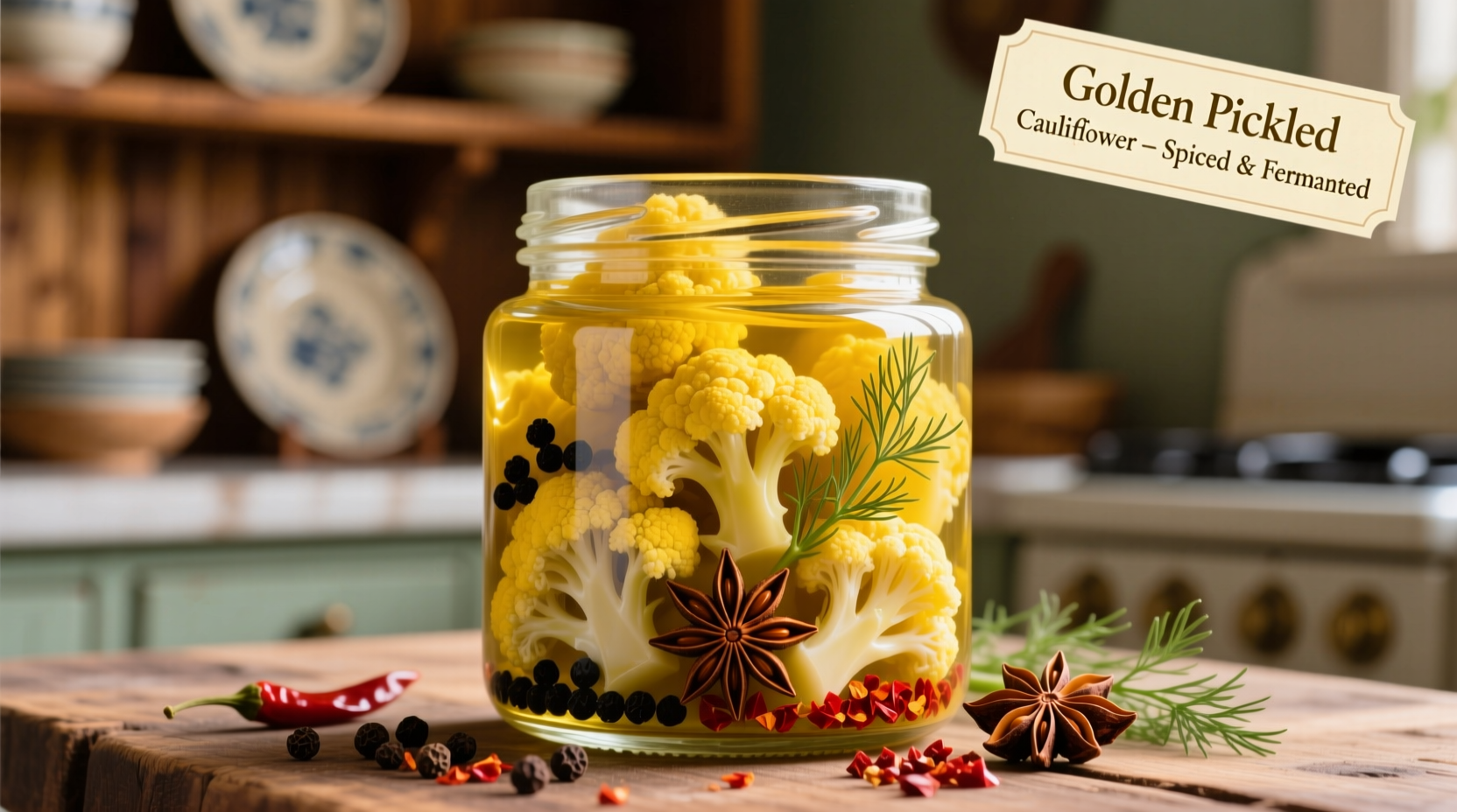 Vibrant yellow pickled cauliflower in glass jar with spices
