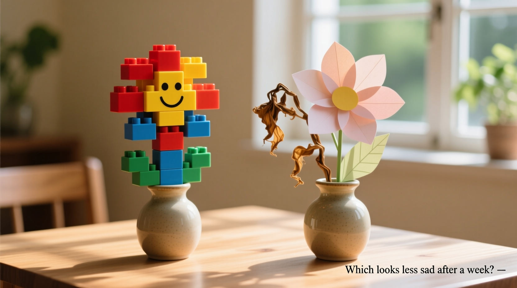 building block flowers vs paper flowers which looks less sad after a week