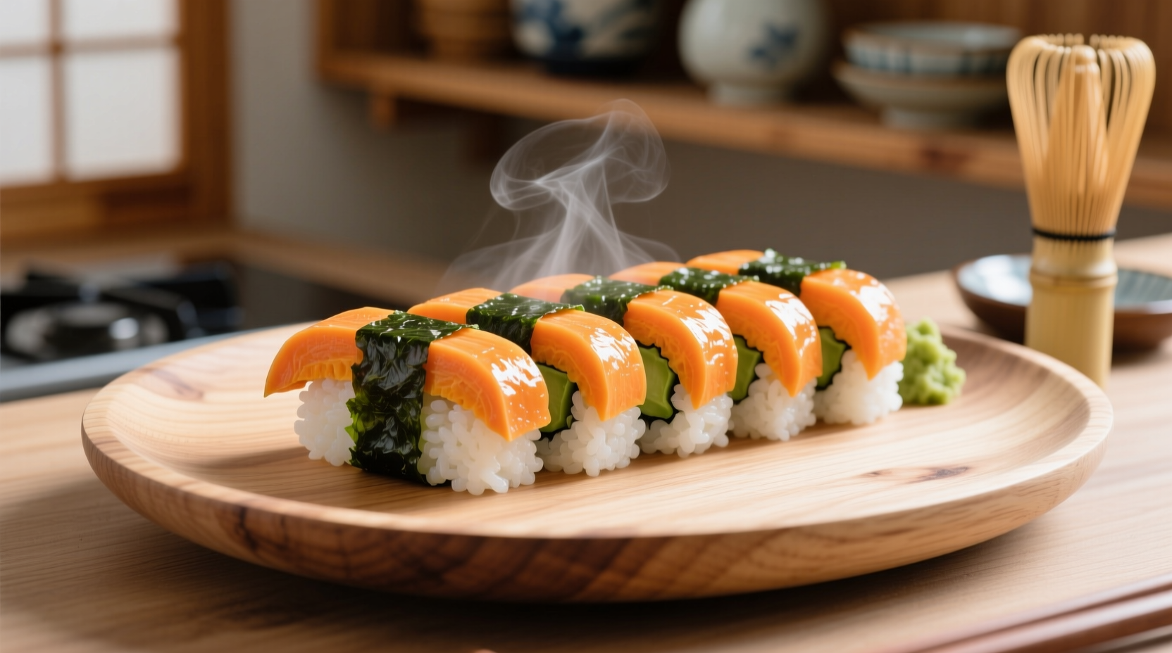 Freshly prepared sweet potato sushi roll on wooden plate