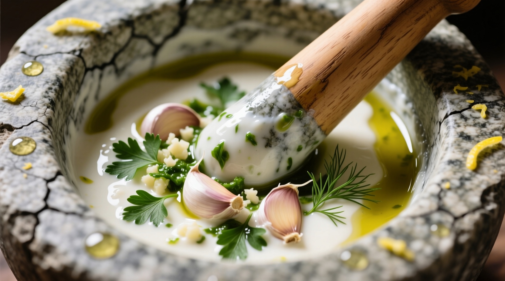 Fresh Mediterranean garlic sauce in a stone mortar