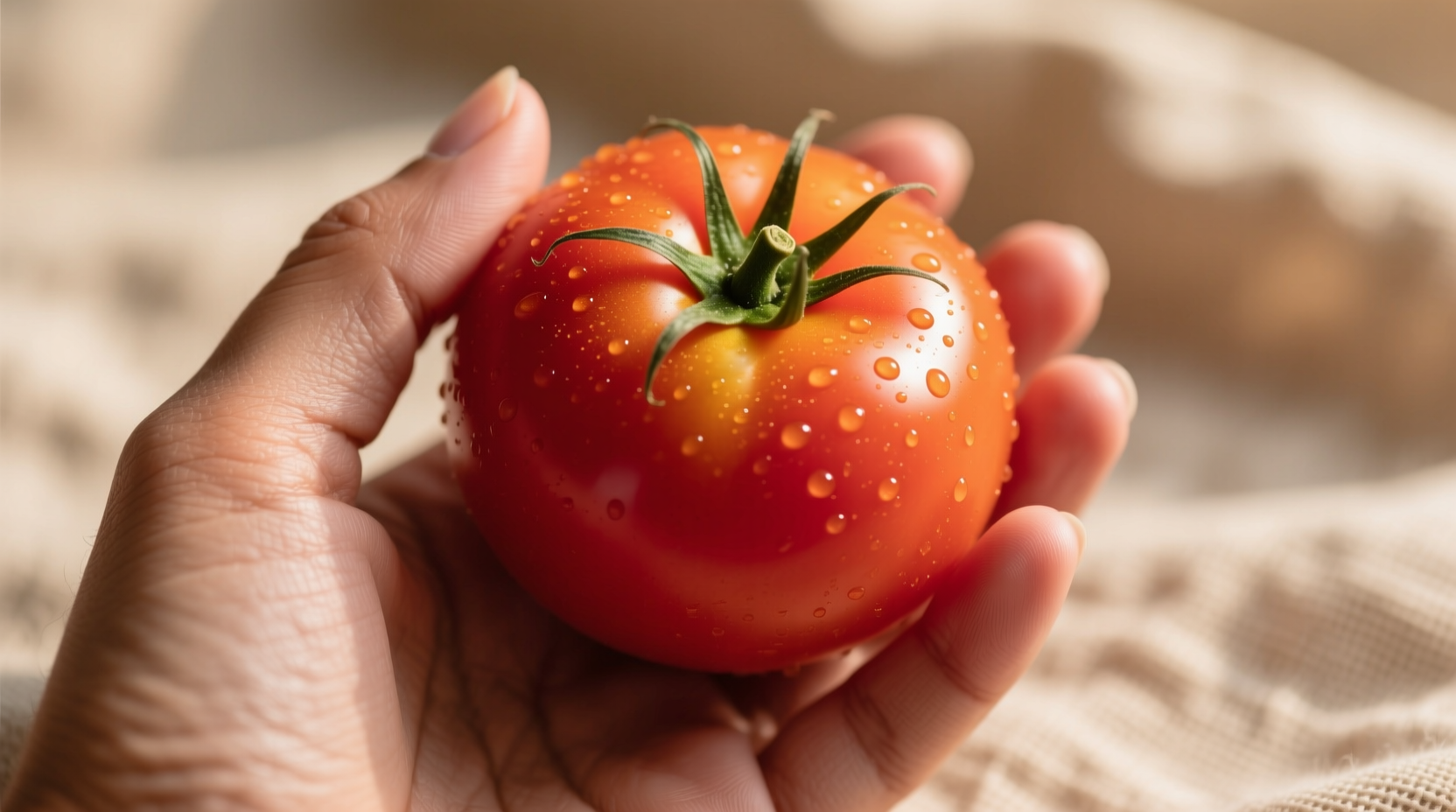 Hand holding perfectly ripe tomato showing color gradient
