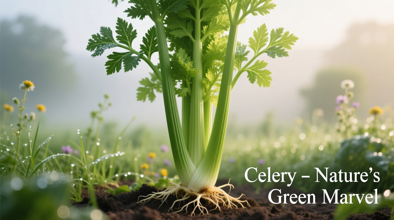 Mature celery plant with vibrant green stalks and feathery leaves