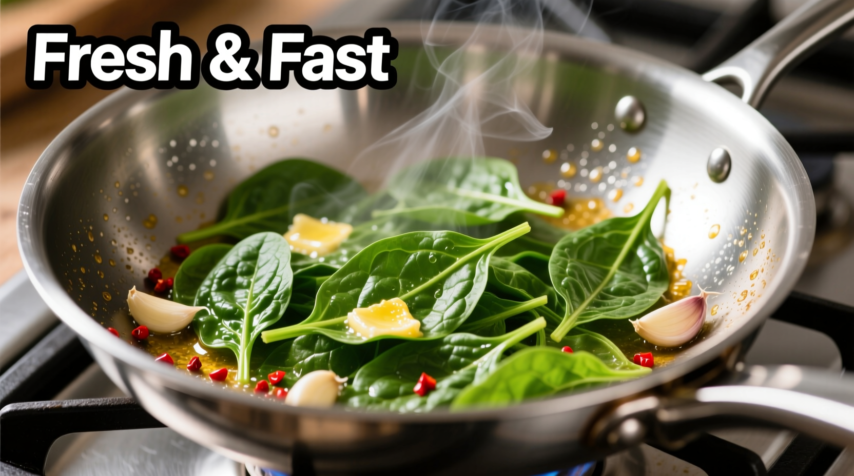 Fresh spinach sautéing in stainless steel skillet