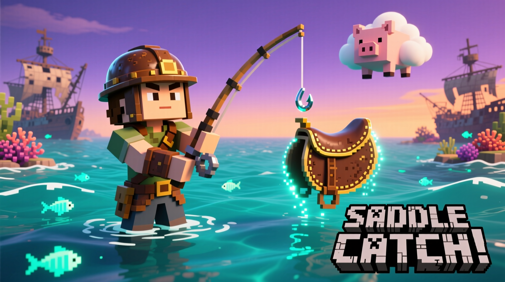 Player fishing in Minecraft ocean with saddle catch