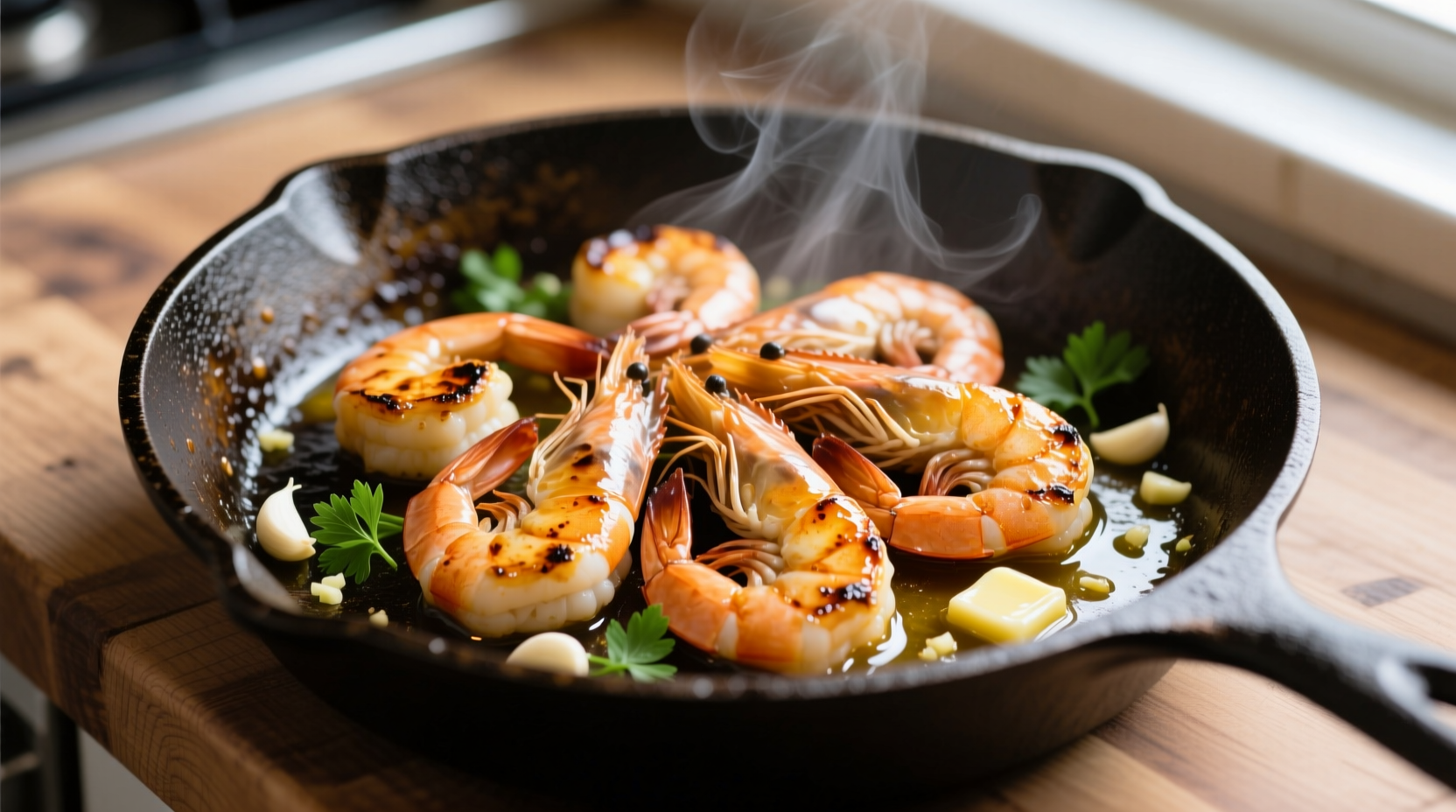 Perfectly seared garlic shrimp in cast-iron skillet