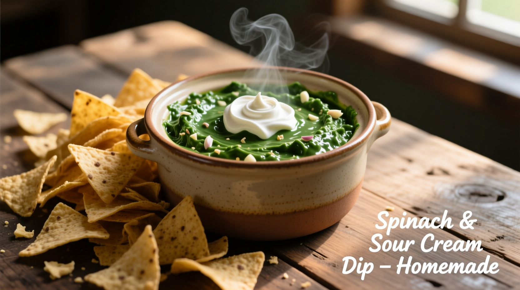 Crock pot filled with creamy spinach dip surrounded by tortilla chips