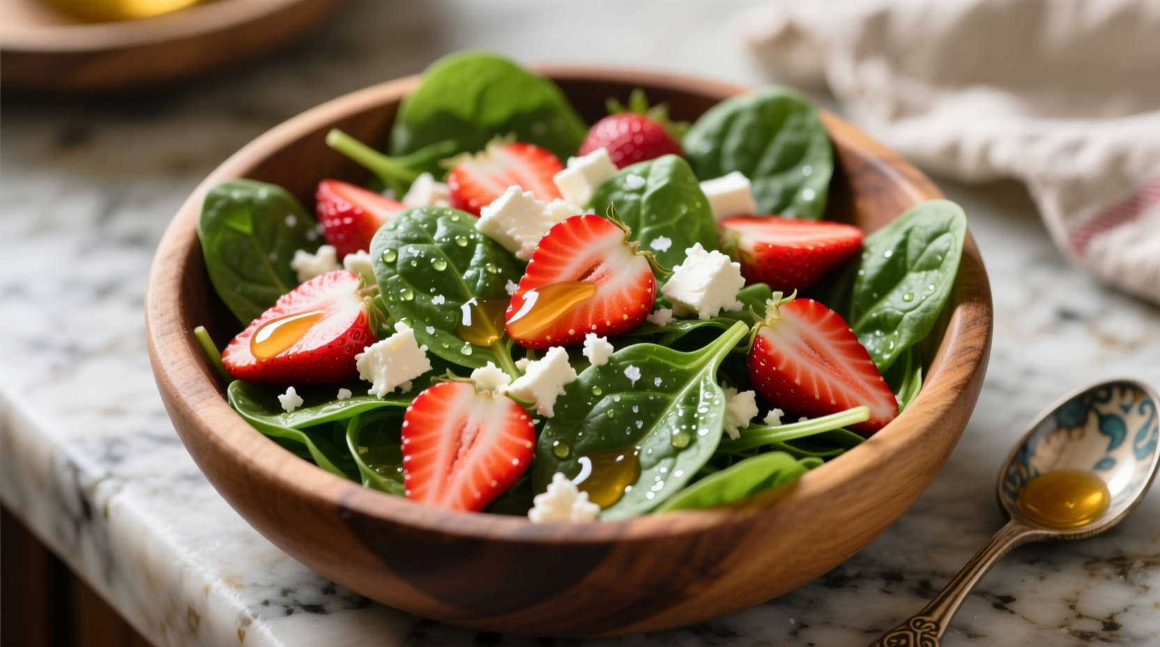 Fresh spinach salad with sliced strawberries and feta