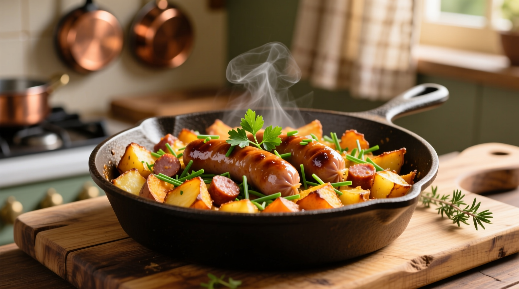 Golden brown sausage and sweet potato hash with fresh herbs