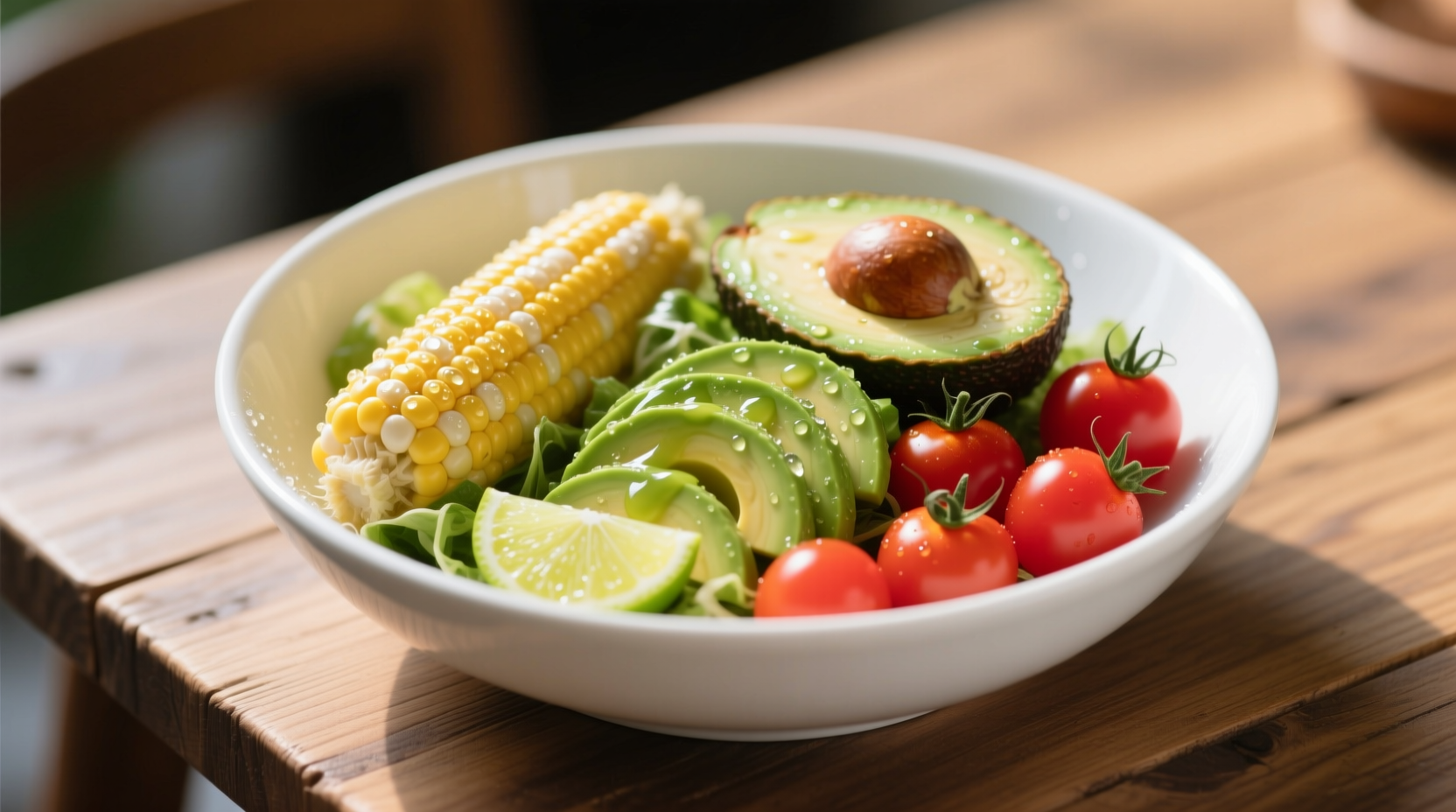 Fresh corn avocado tomato salad in white bowl