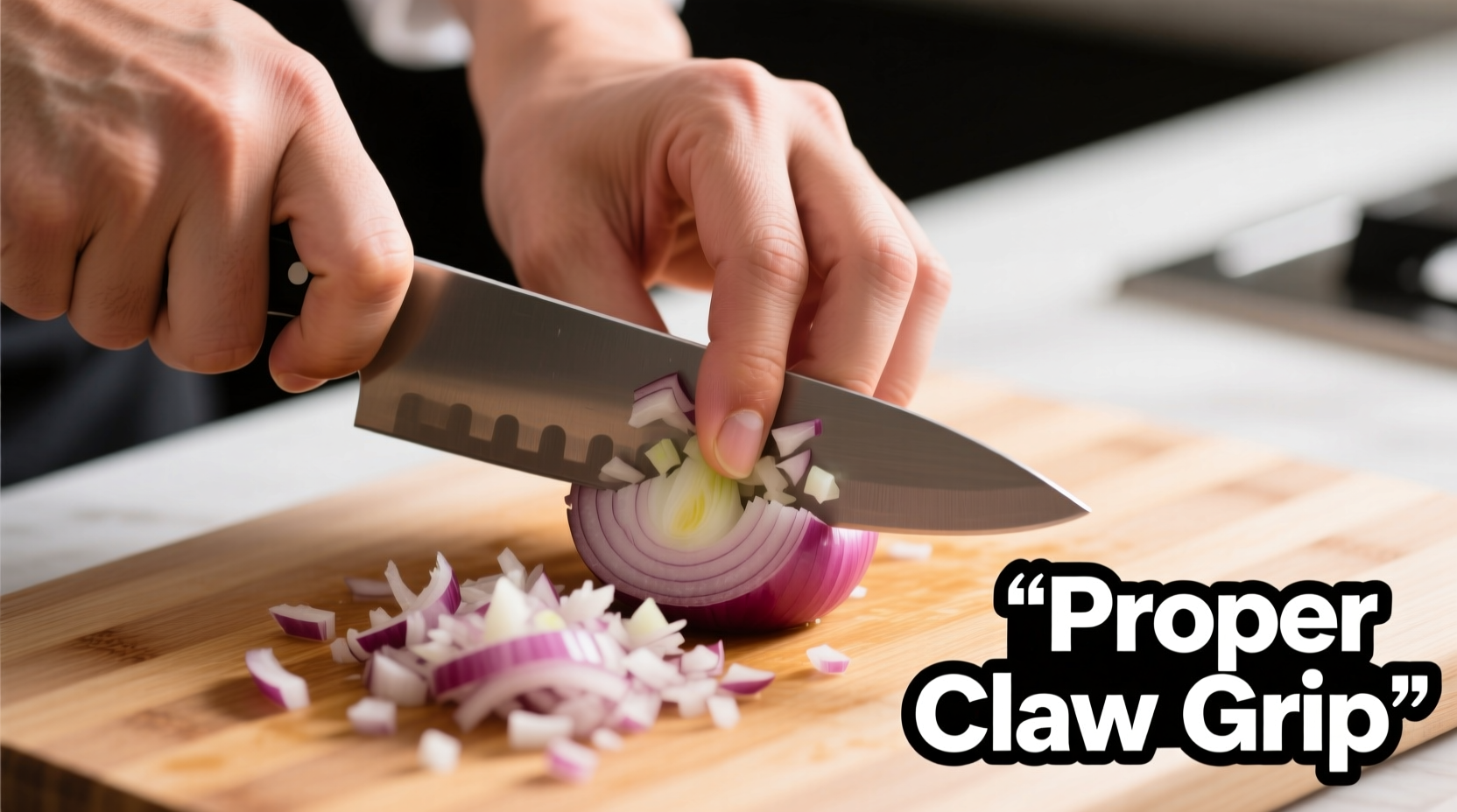 Chef's hand demonstrating proper claw grip while mincing onion
