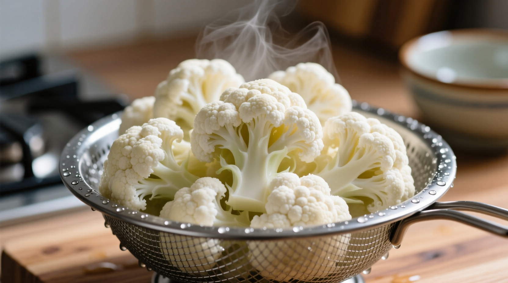Perfectly boiled cauliflower florets in colander