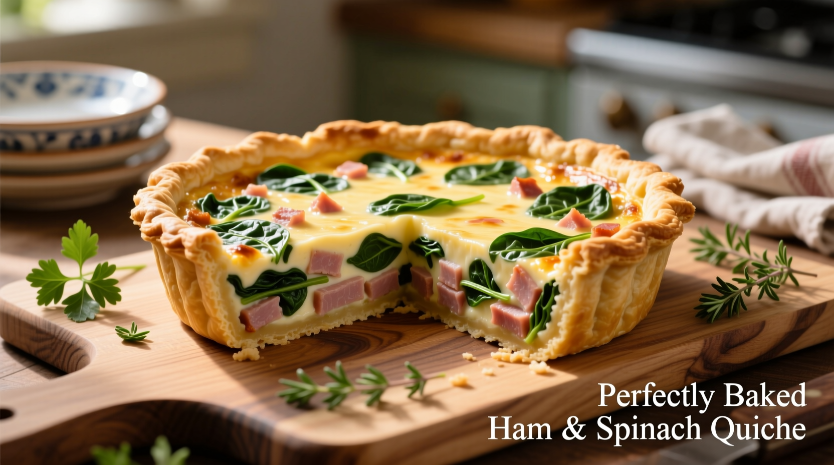 Perfectly baked ham spinach quiche with golden crust