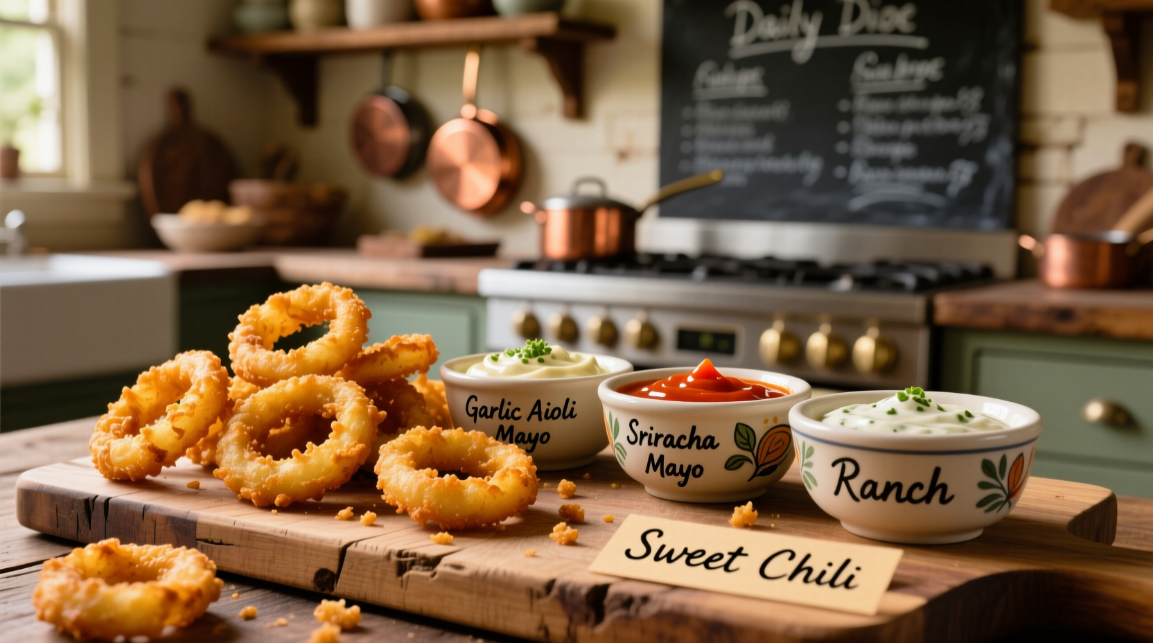 Homemade dipping sauces next to golden onion rings