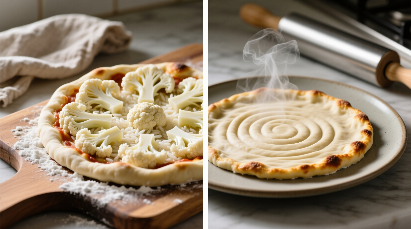 Cauliflower pizza crust before and after pressing