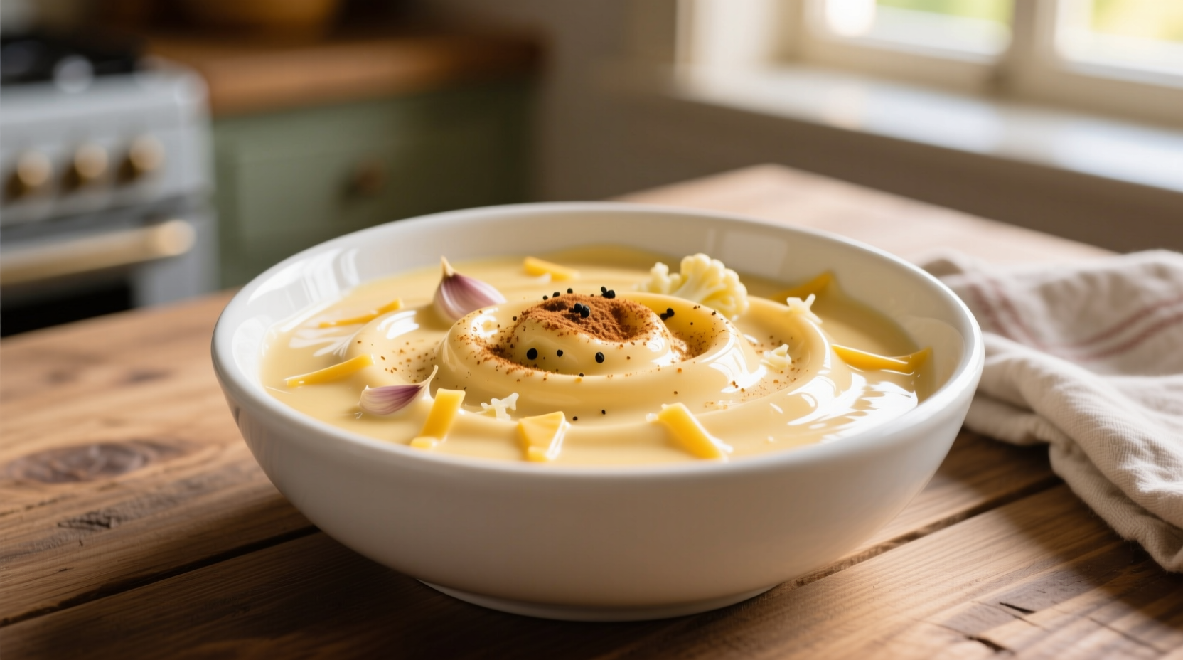 Creamy cauliflower cheese sauce in white bowl