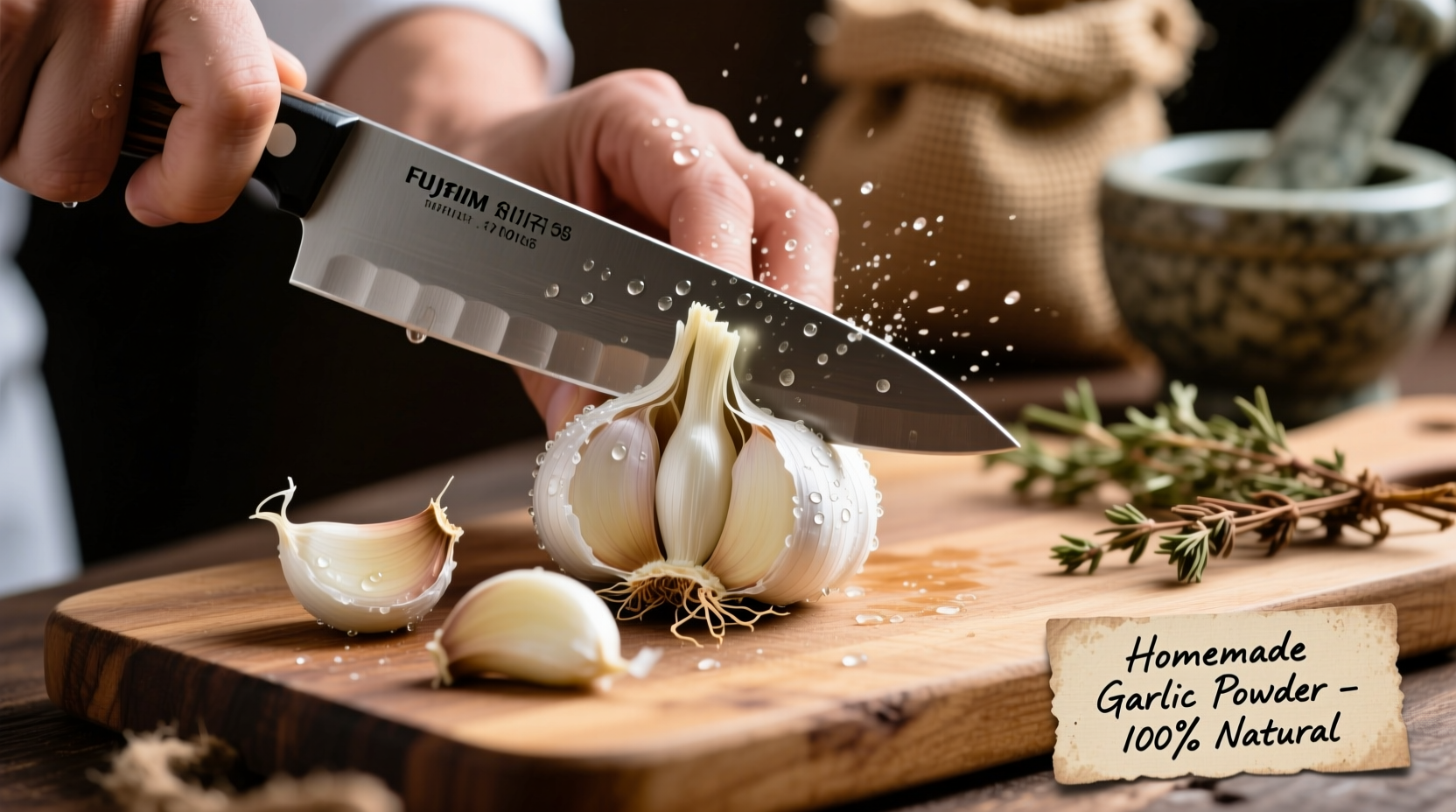 Fresh garlic cloves being sliced for homemade powder