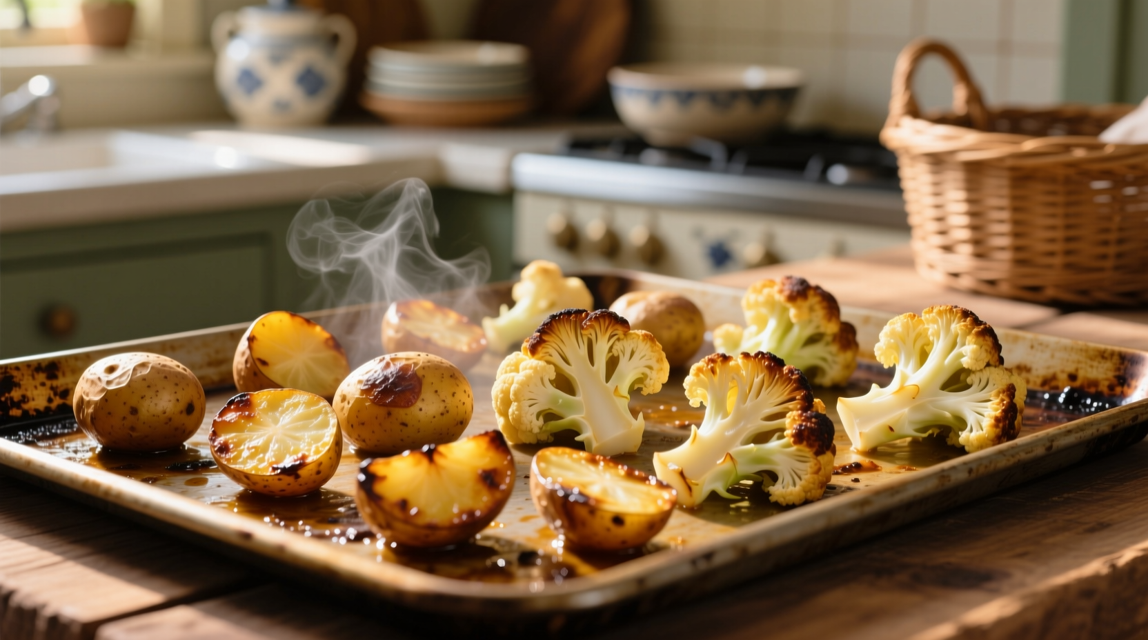 Golden roasted potatoes and cauliflower on baking sheet