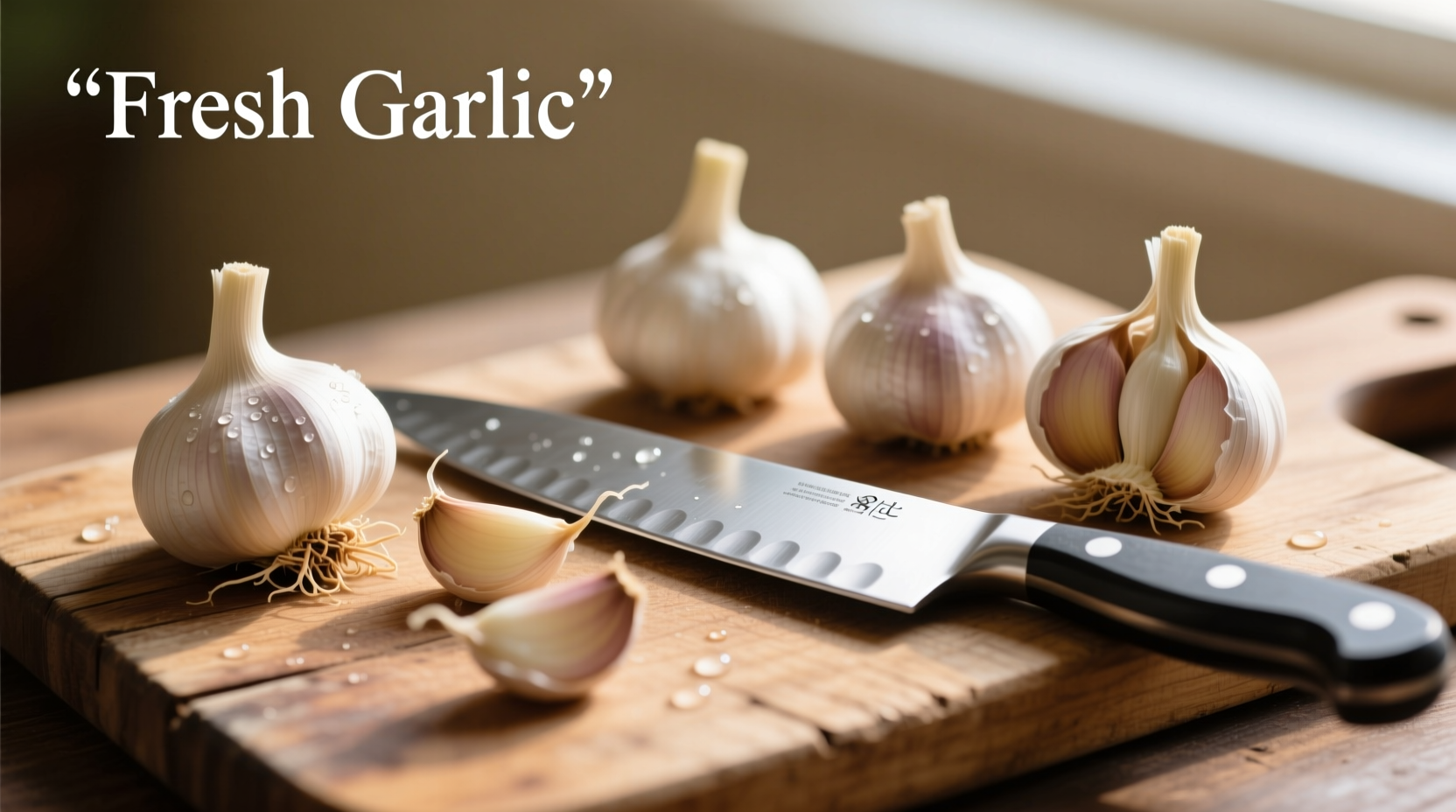Fresh garlic cloves with chopping board and knife