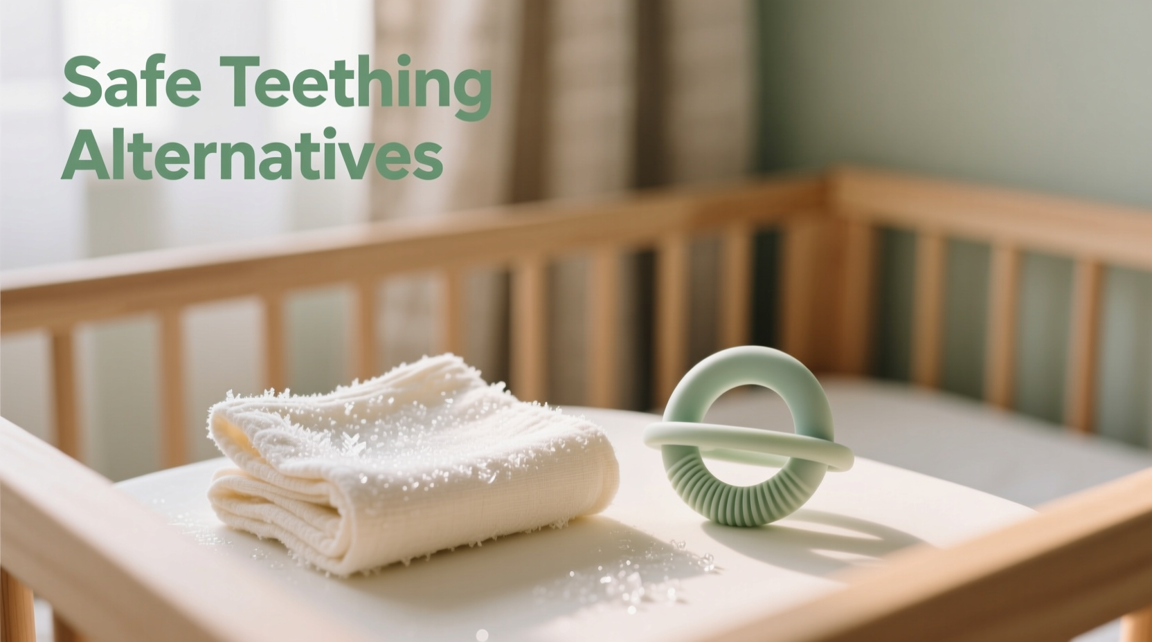 Safe teething alternatives for infants including chilled teething rings and soft washcloths