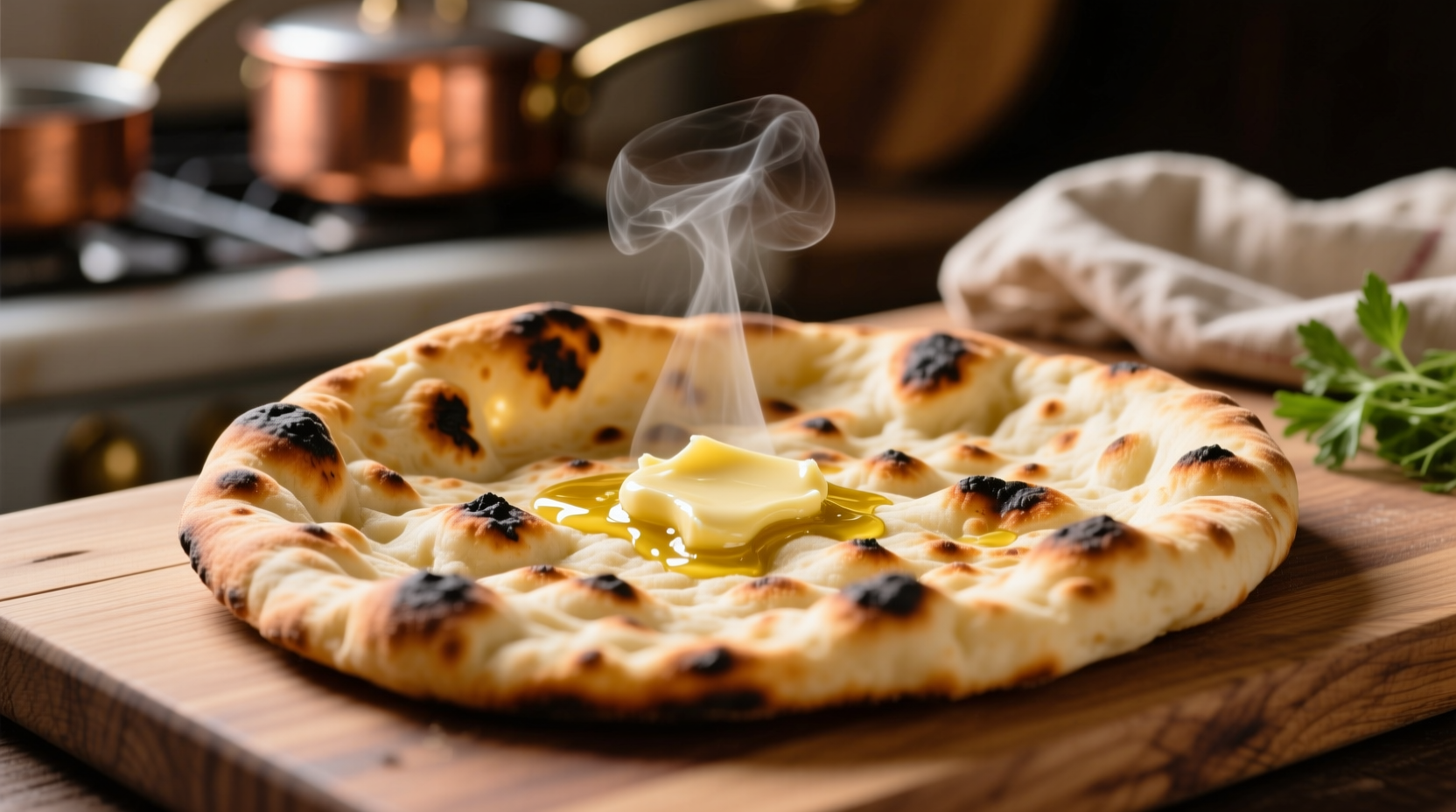 Freshly baked garlic naan bread with visible char spots