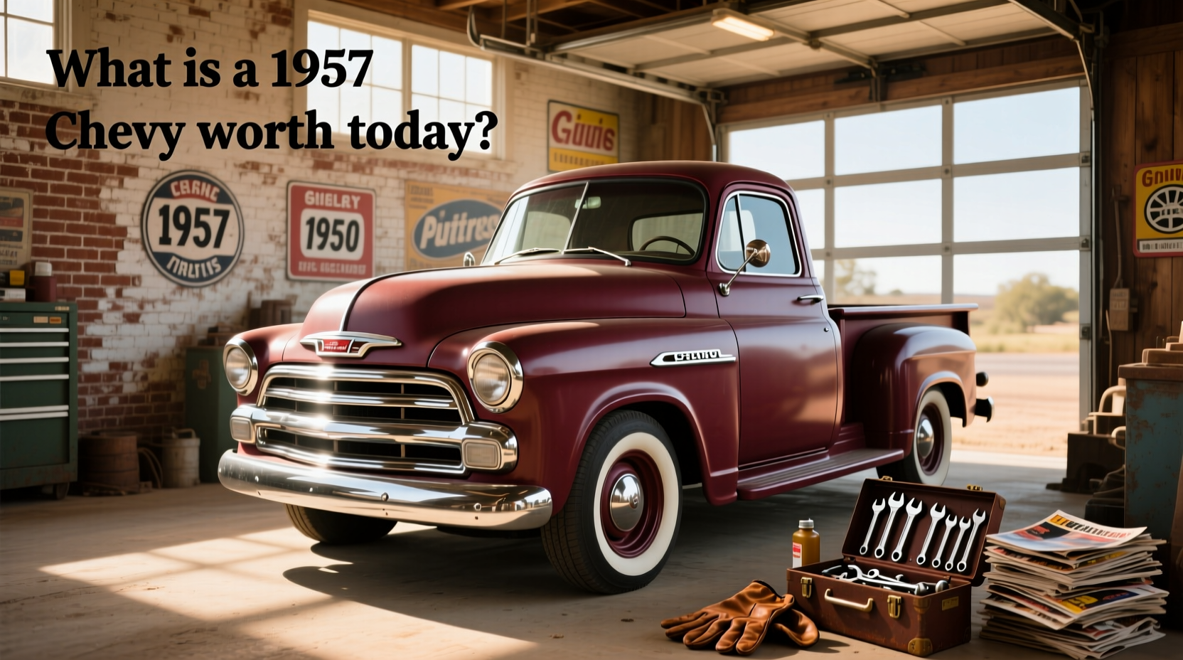 1957 Chevy 3100 pickup truck with custom paint and chrome wheels
