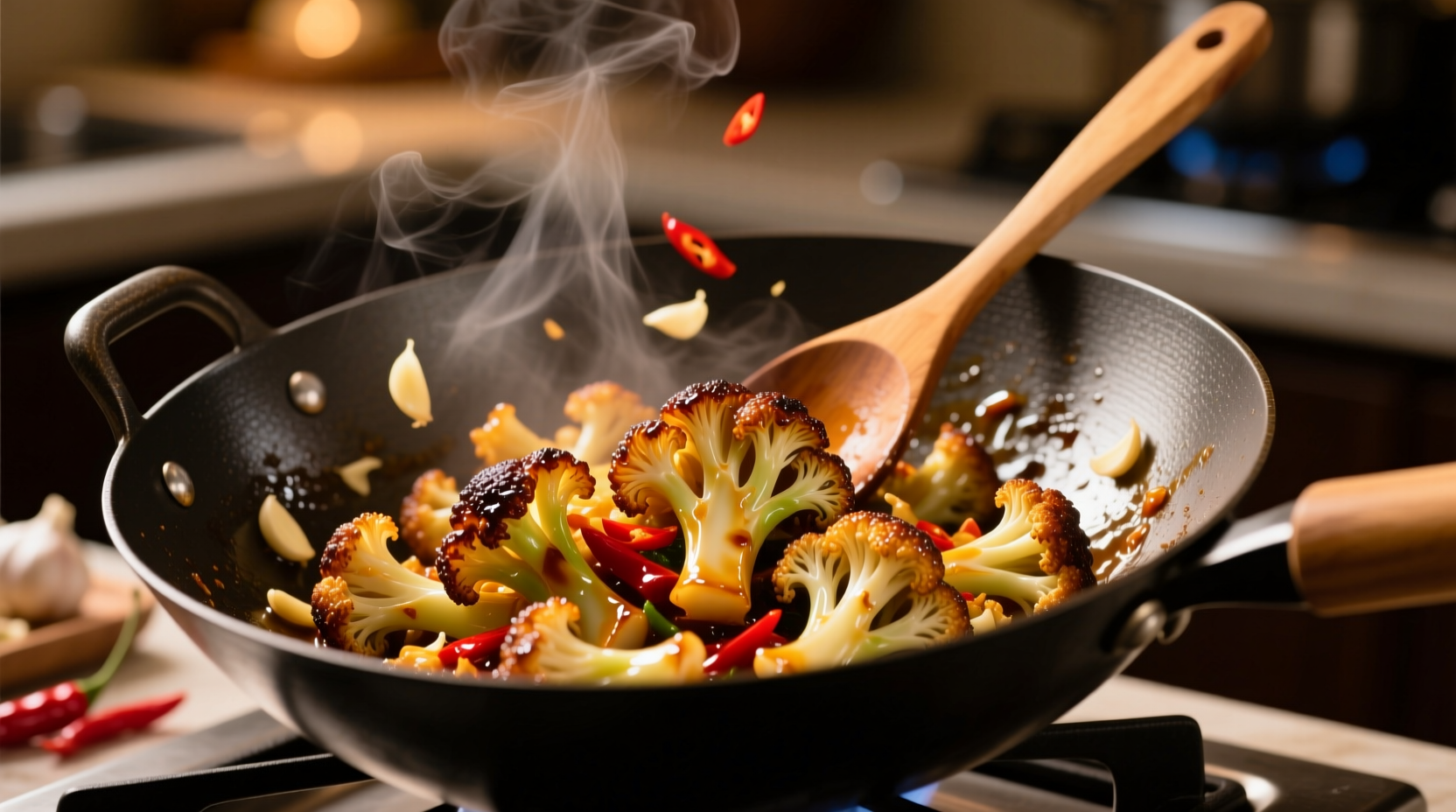 Perfectly caramelized stir fry cauliflower in wok