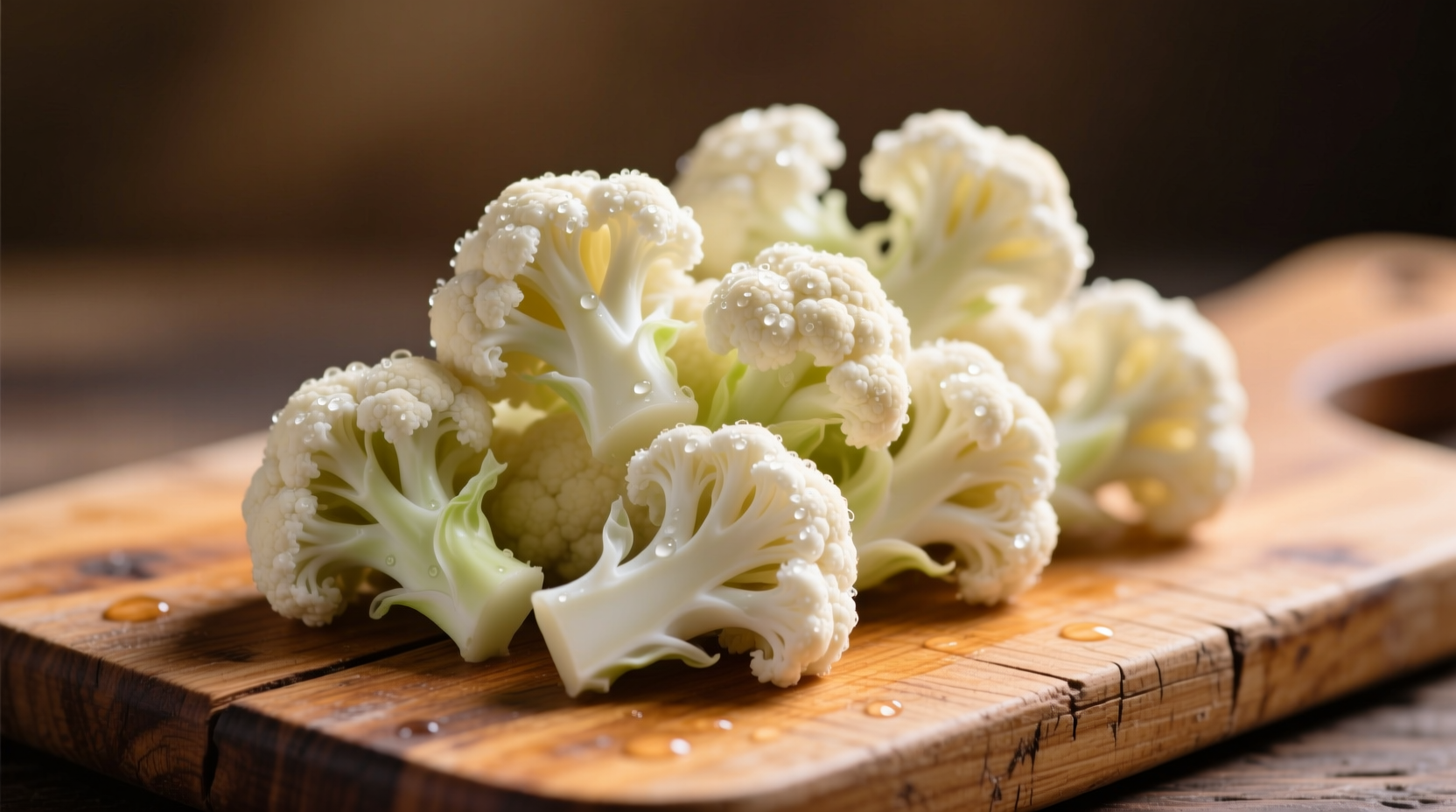 Fresh raw cauliflower florets on wooden cutting board