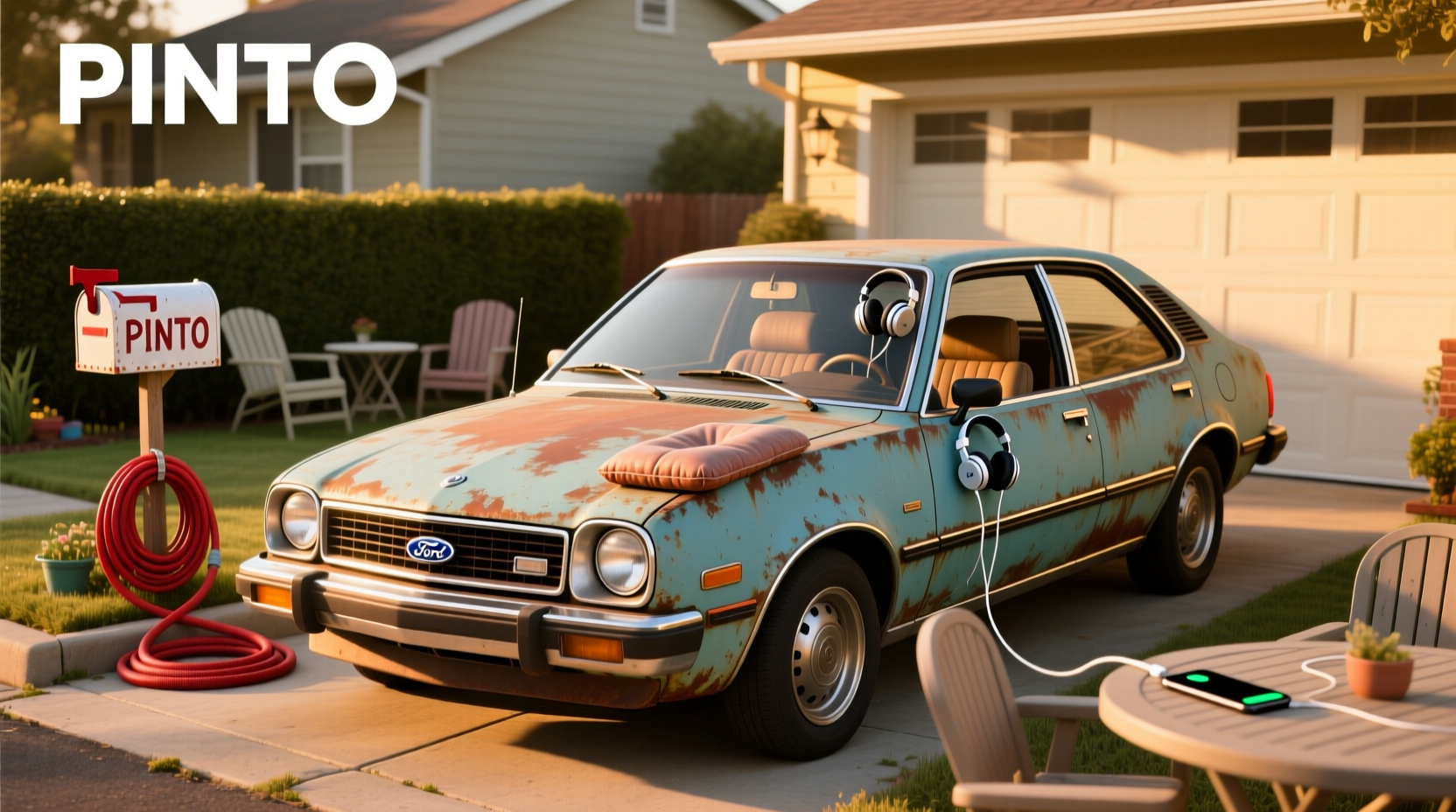 1980 Ford Pinto hatchback in beige with white trim parked on residential street