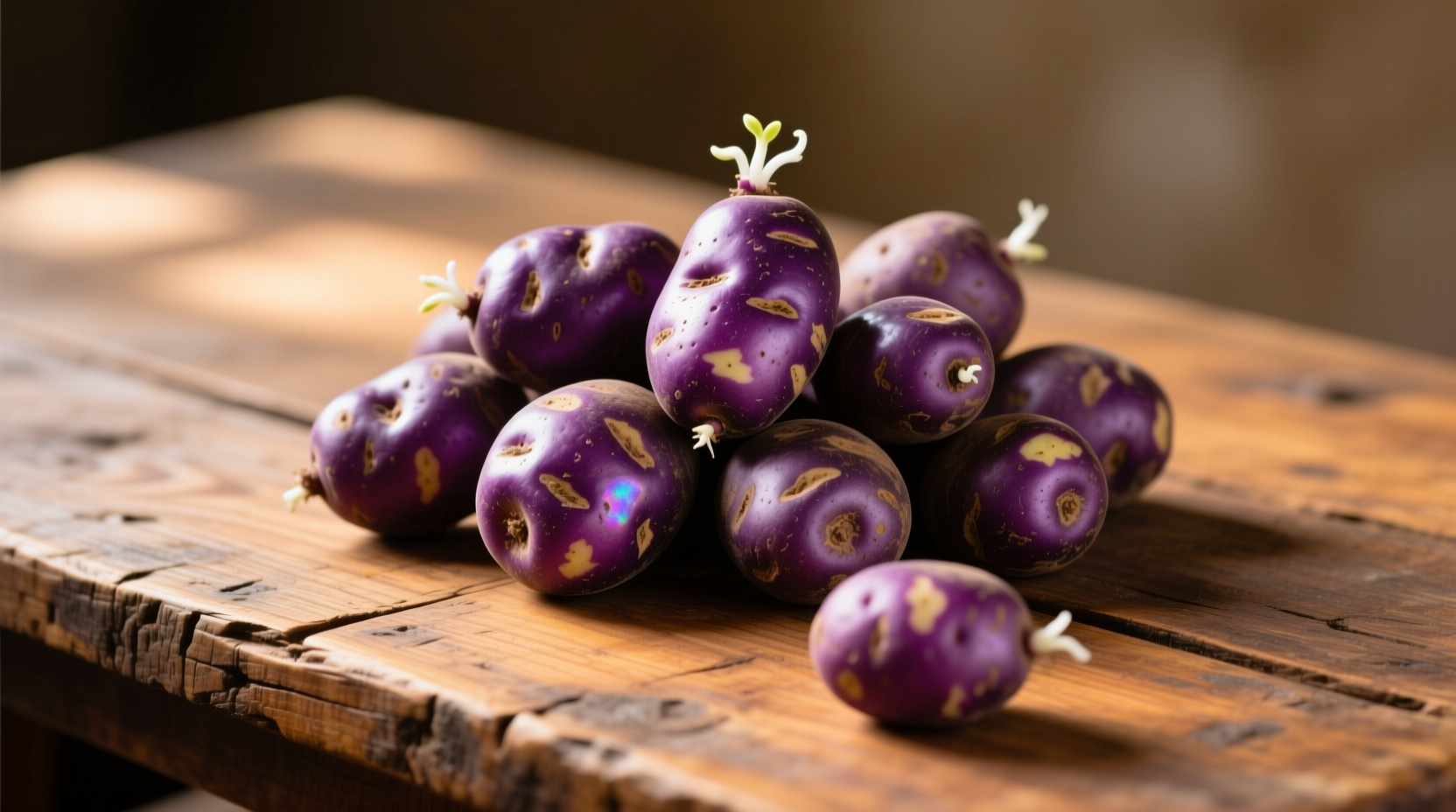 Fresh purple Peruvian potatoes on wooden table