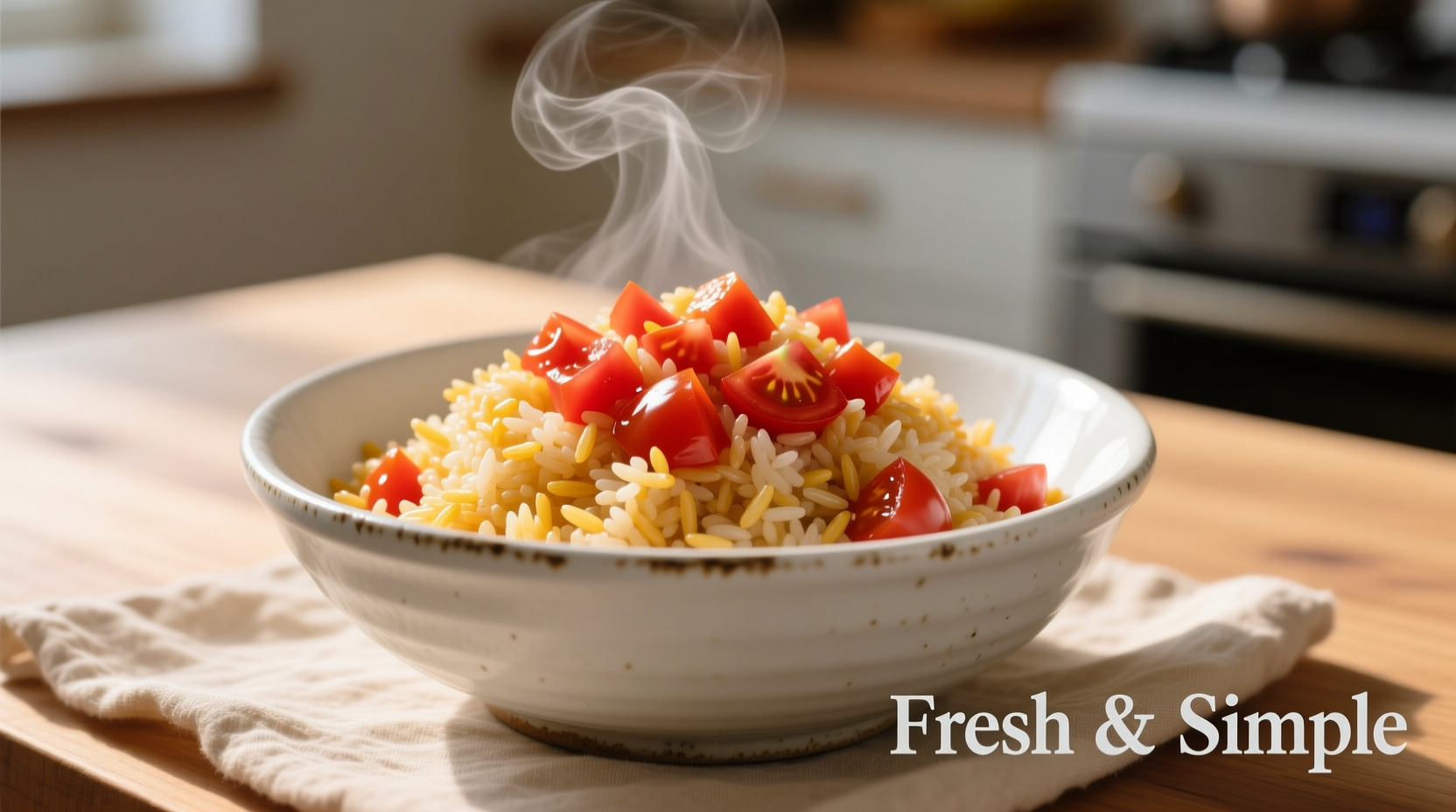 Fluffy tomato rice in white ceramic bowl