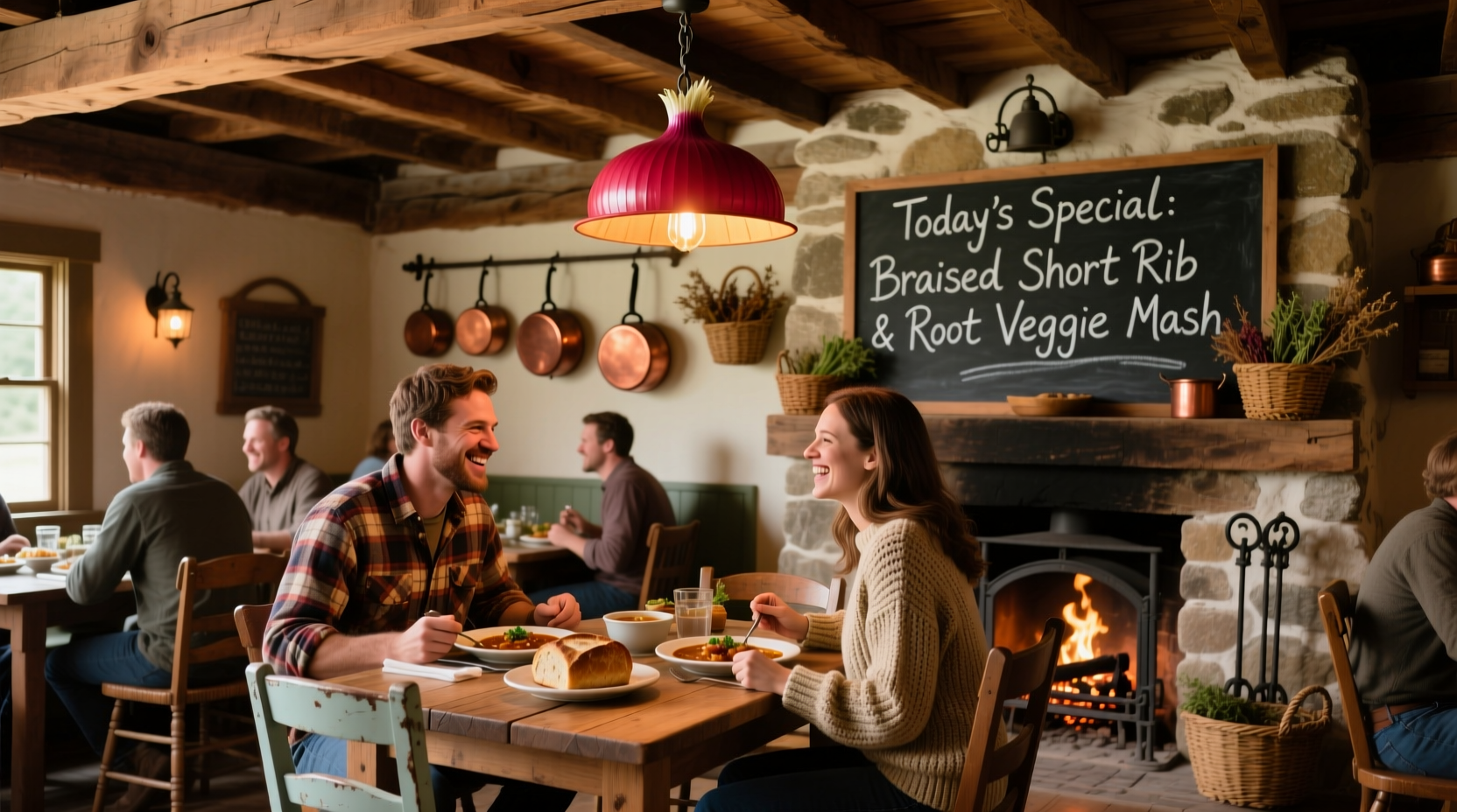 Red Onion restaurant interior with rustic decor and dining patrons