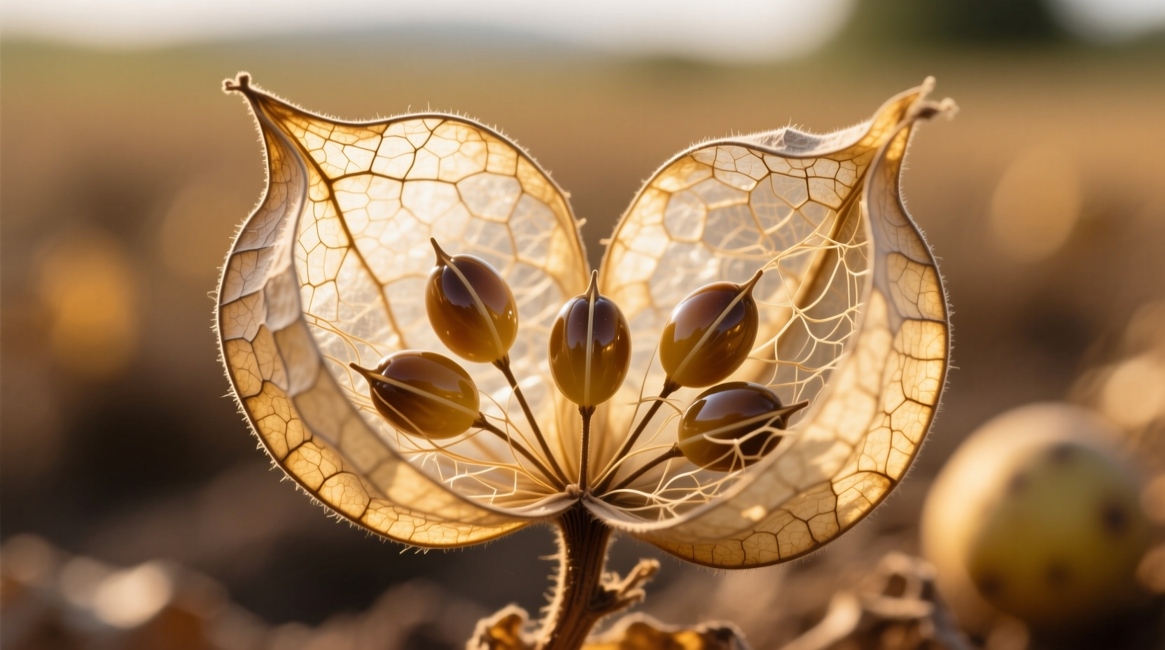 Close-up of true potato seeds in dried berry pods