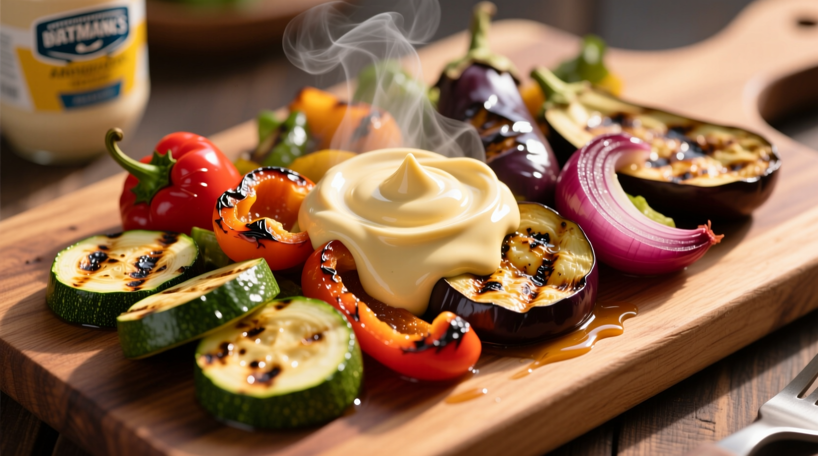 Hellmann's garlic aioli drizzled over grilled vegetables