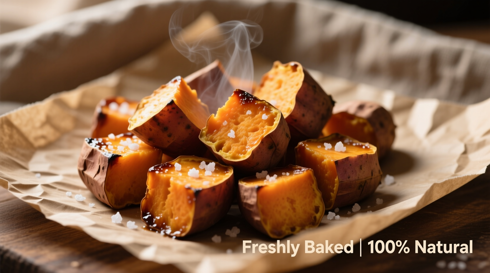 Golden brown baked sweet potato cubes on parchment paper