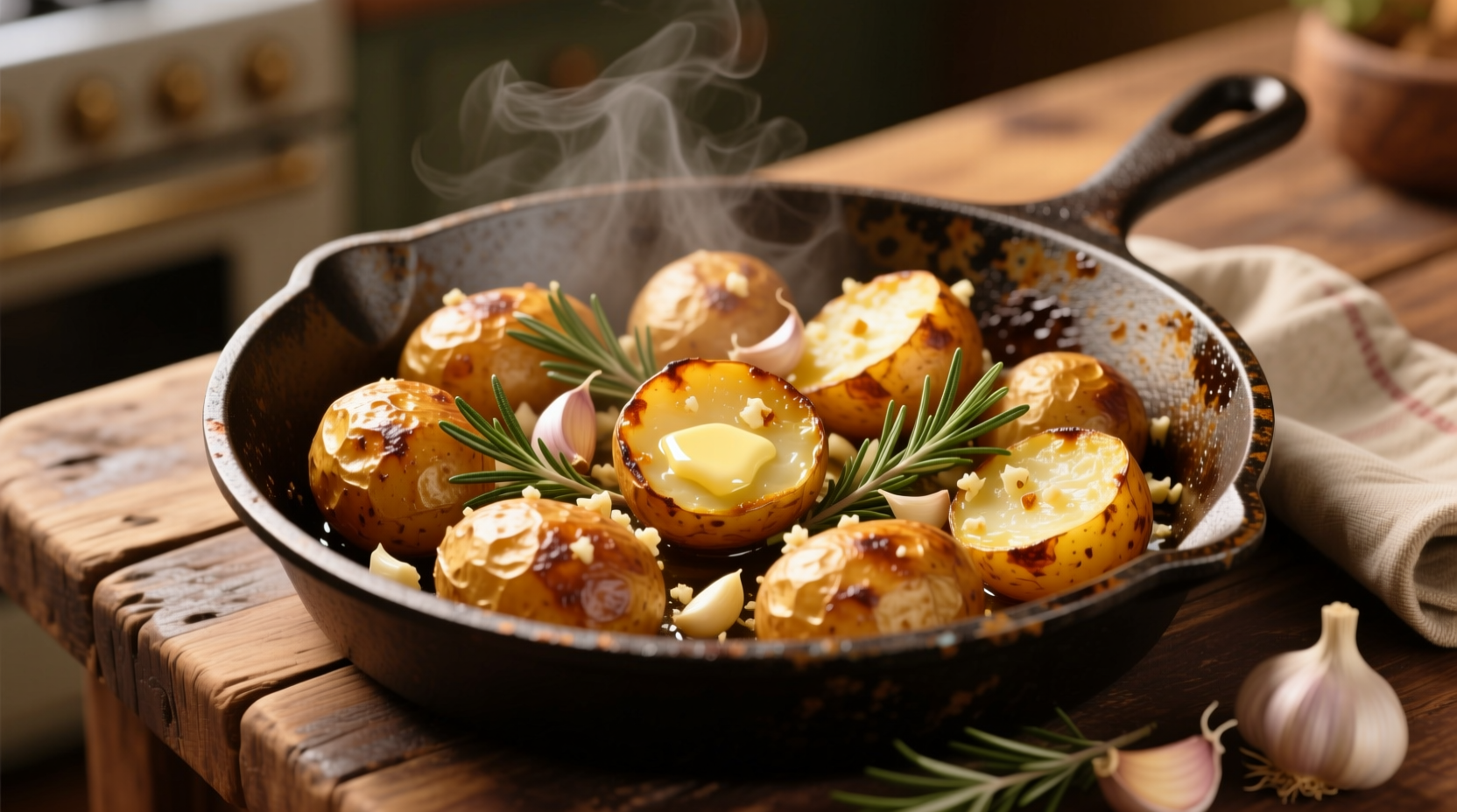 Golden roasted garlic potatoes in cast iron skillet