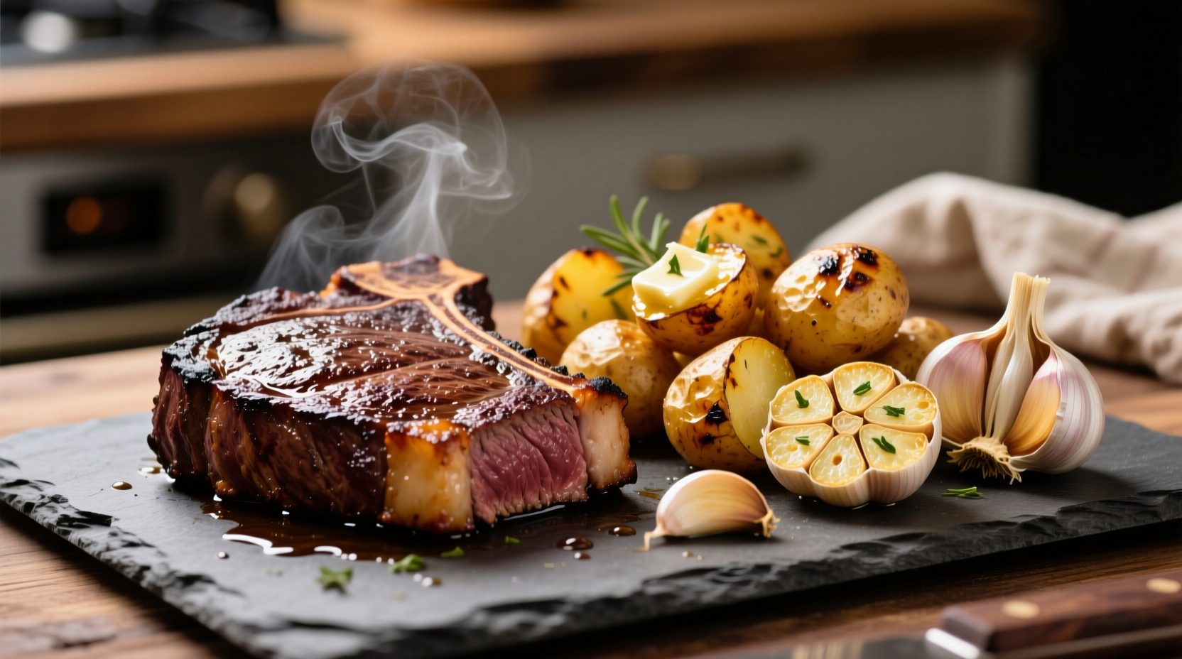 Perfectly seared ribeye steak with golden roasted potatoes and garlic cloves
