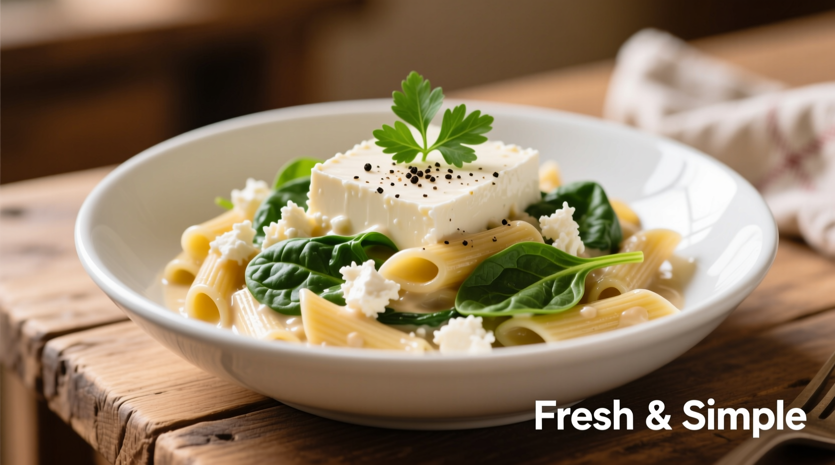Creamy feta cheese spinach pasta in white bowl