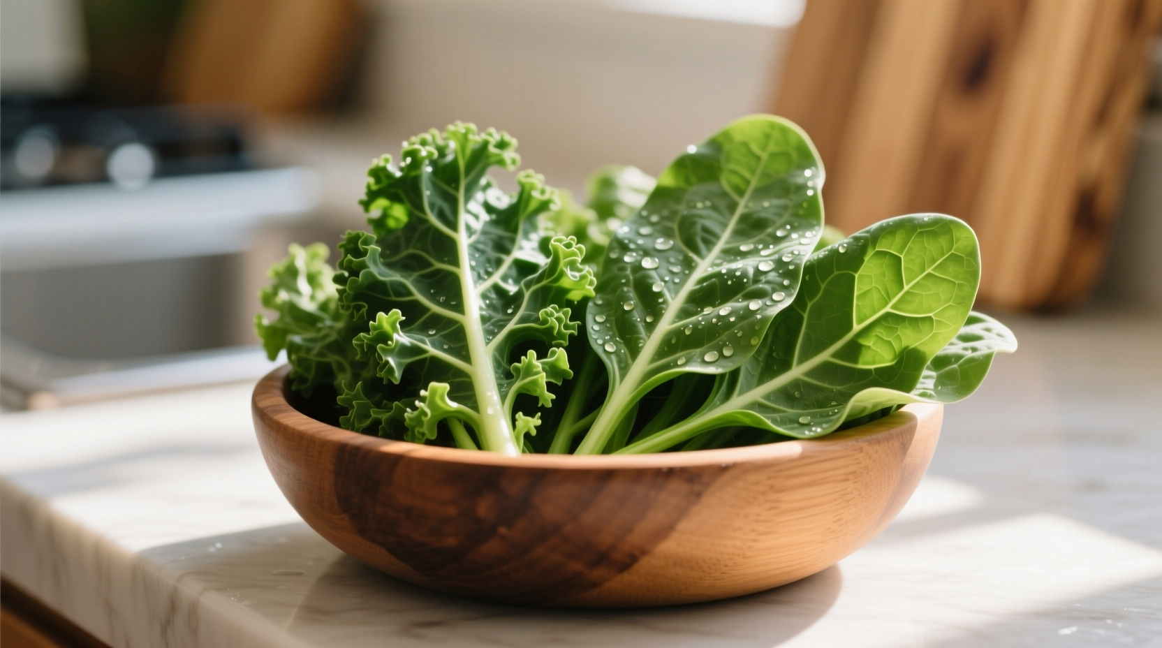 Kale and spinach side by side in a wooden bowl