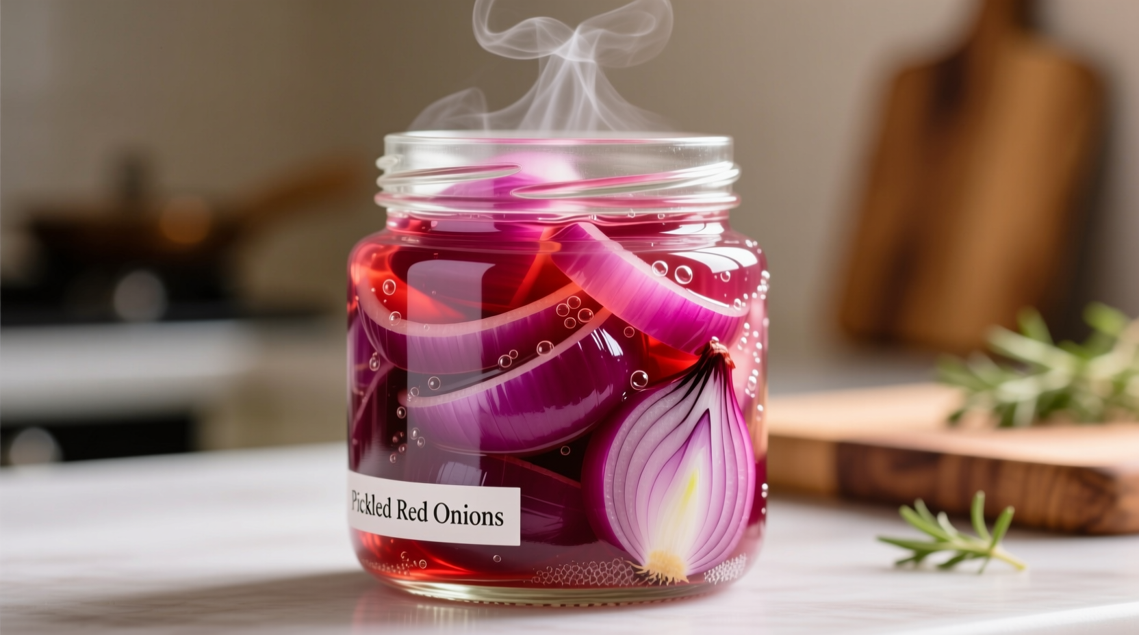 Vibrant magenta pickled red onions in glass jar
