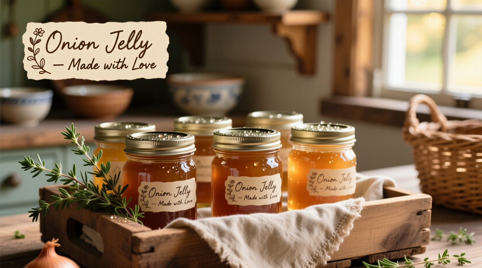 Homemade onion jelly in mason jars with fresh thyme