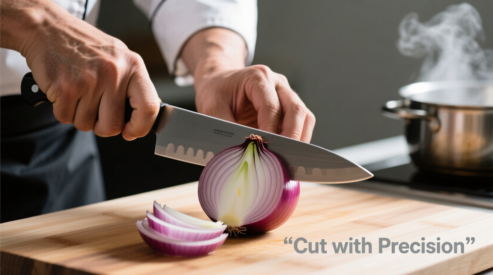 Chef's hand demonstrating proper onion cutting technique