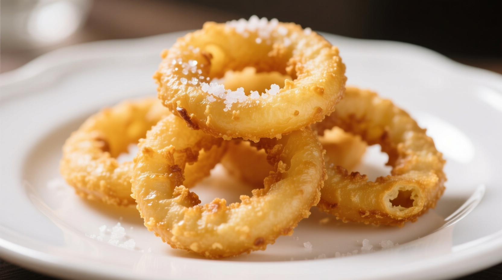 Golden crispy onion rings on white plate