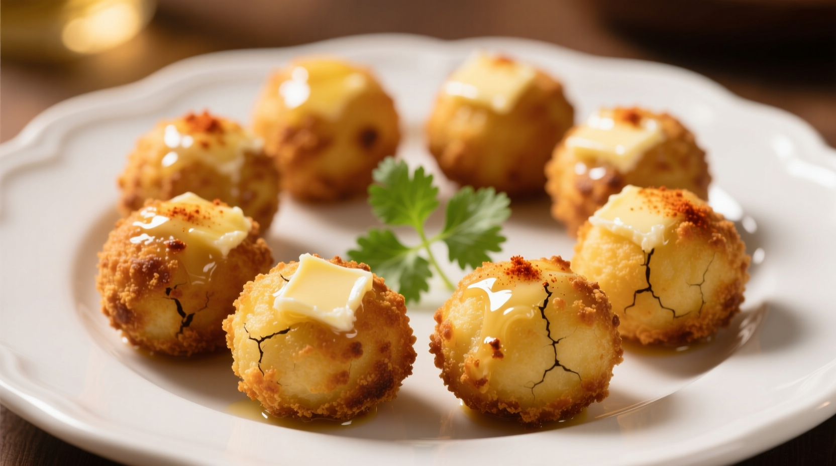 Golden brown Cuban potato balls on a white plate