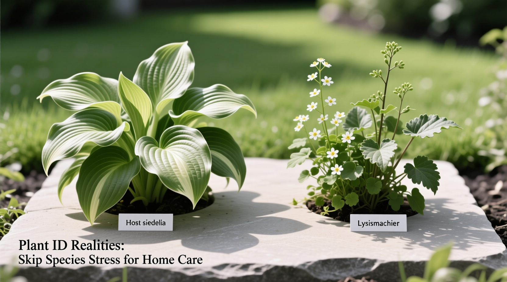 Side-by-side comparison showing correct hosta identification versus common misidentification with similar-looking plant