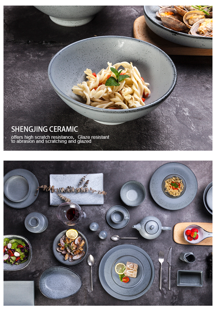 Deep Dishes Porcelain Soup Noodle Salad  Ceramic Reactive Grey Bowl